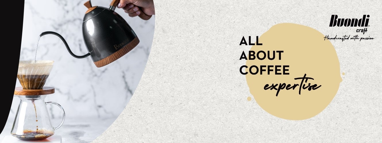 Buondi Craft kawa nalewana z filiżanki i pieczęć kawowa z tekstem ALL ABOUT COFFEE EXPERTISE: 