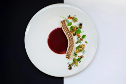 Smażony halibut podany z "polskim krupnikiem" i esencją z czerwonego wina